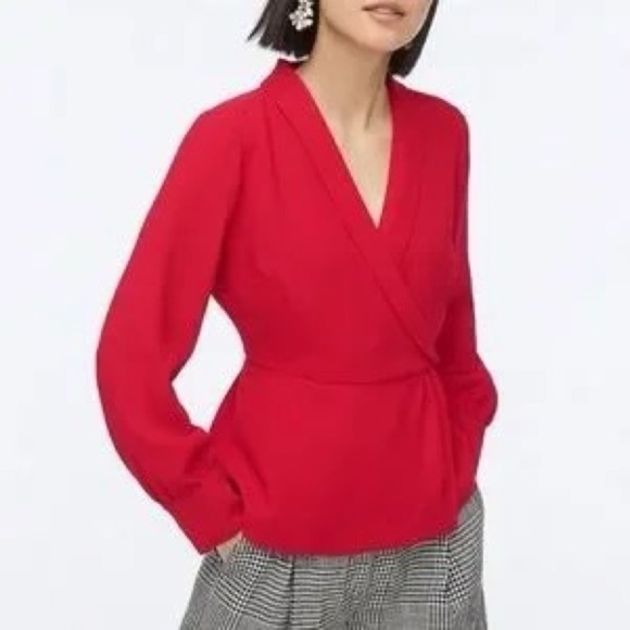 J Crew Drapey Faux Wrap Top Blouse Crepe Peplum Red Size 4 Wrinkle Resistant - Picture 1 of 12